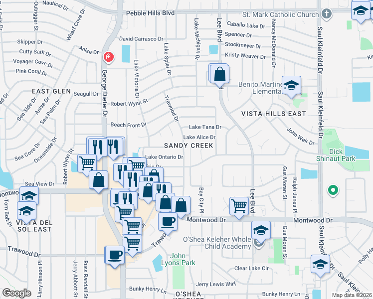 map of restaurants, bars, coffee shops, grocery stores, and more near 11412 Lake Alice Drive in El Paso