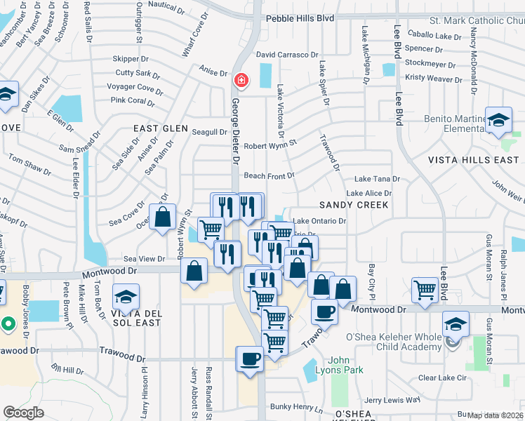 map of restaurants, bars, coffee shops, grocery stores, and more near 2117 Lake Omega Street in El Paso