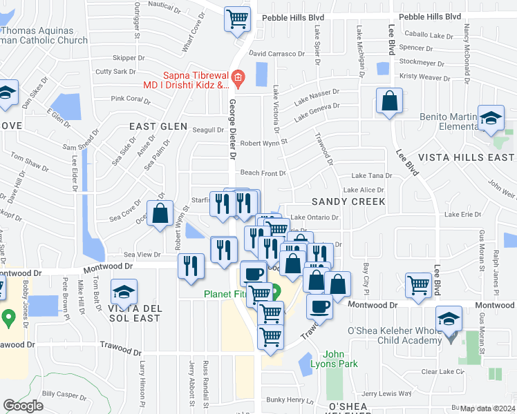 map of restaurants, bars, coffee shops, grocery stores, and more near 2117 Lake Omega Street in El Paso