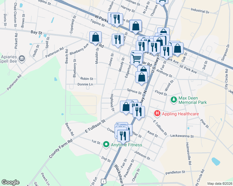 map of restaurants, bars, coffee shops, grocery stores, and more near 208 Spruce Street in Baxley