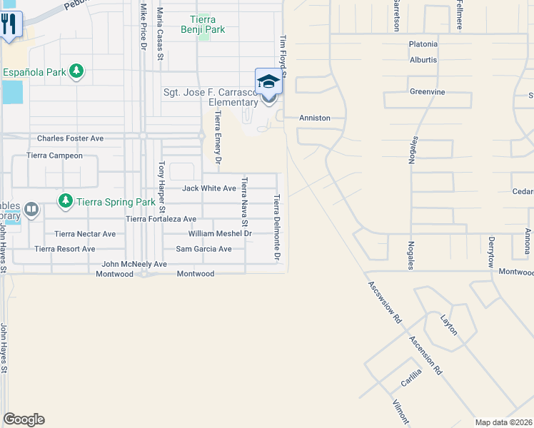 map of restaurants, bars, coffee shops, grocery stores, and more near Tim Floyd Street in El Paso