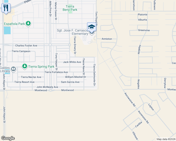 map of restaurants, bars, coffee shops, grocery stores, and more near Tim Floyd Street in El Paso