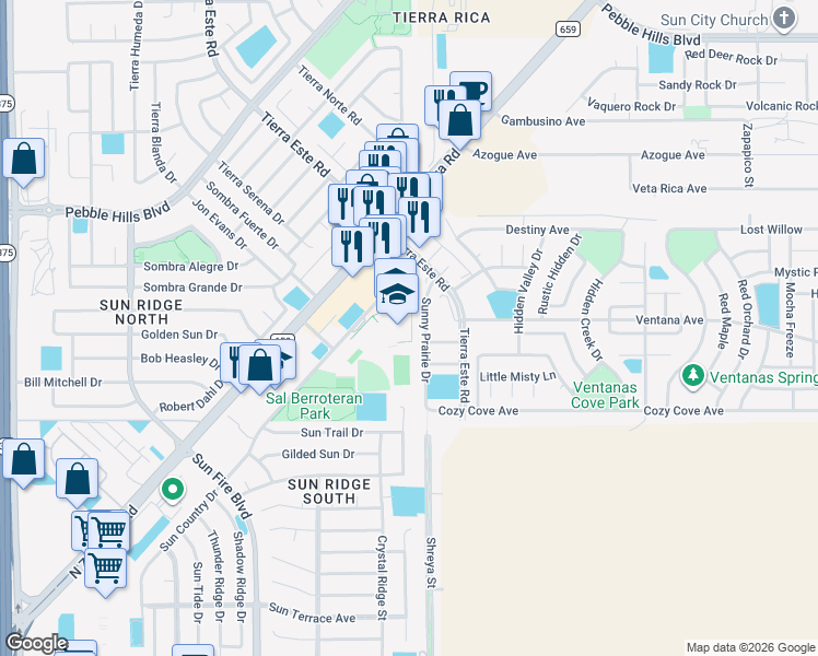 map of restaurants, bars, coffee shops, grocery stores, and more near 2200 Sun Country Drive in El Paso