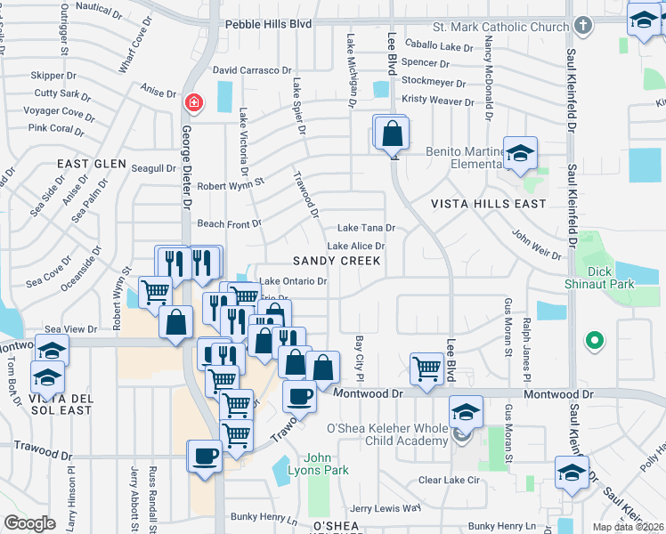 map of restaurants, bars, coffee shops, grocery stores, and more near 11412 Lake Alice Drive in El Paso