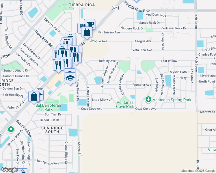 map of restaurants, bars, coffee shops, grocery stores, and more near 3146 Sarina Circle in El Paso
