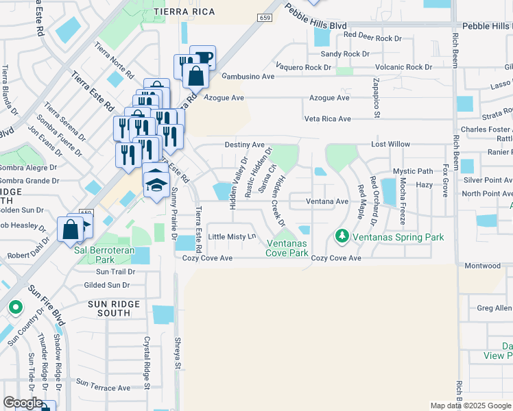 map of restaurants, bars, coffee shops, grocery stores, and more near 12883 Hidden Grove Drive in El Paso