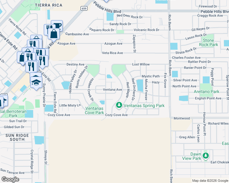 map of restaurants, bars, coffee shops, grocery stores, and more near 13025 Birds View Circle in El Paso