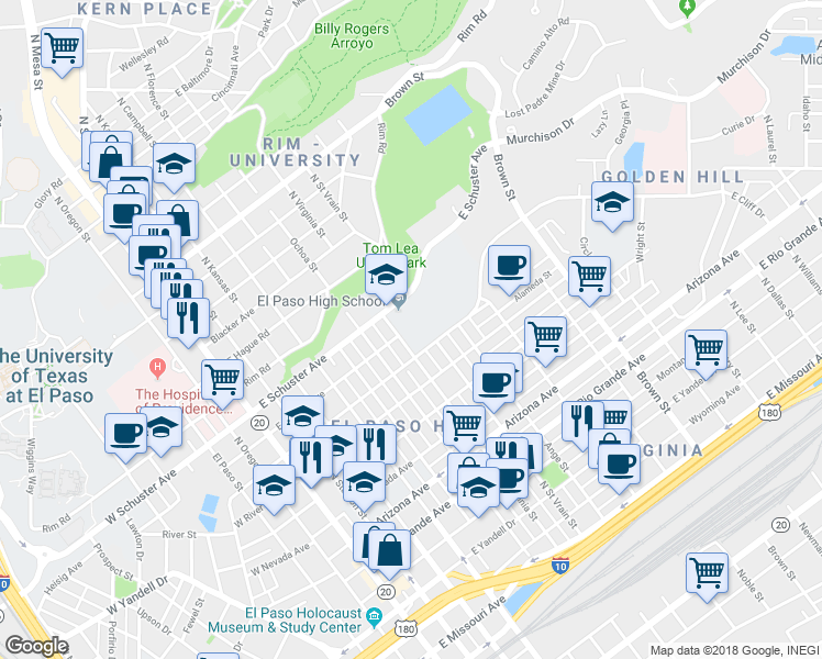map of restaurants, bars, coffee shops, grocery stores, and more near 1600 North Virginia Street in El Paso