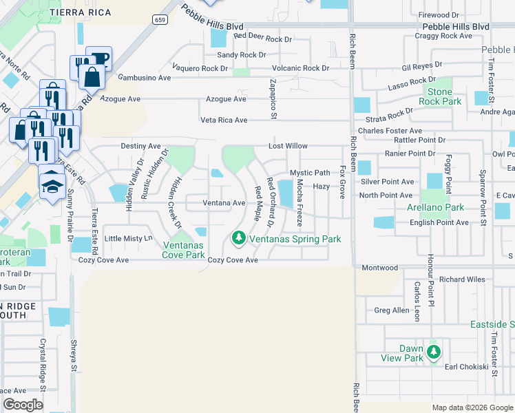 map of restaurants, bars, coffee shops, grocery stores, and more near 3159 Red Orchard Drive in El Paso