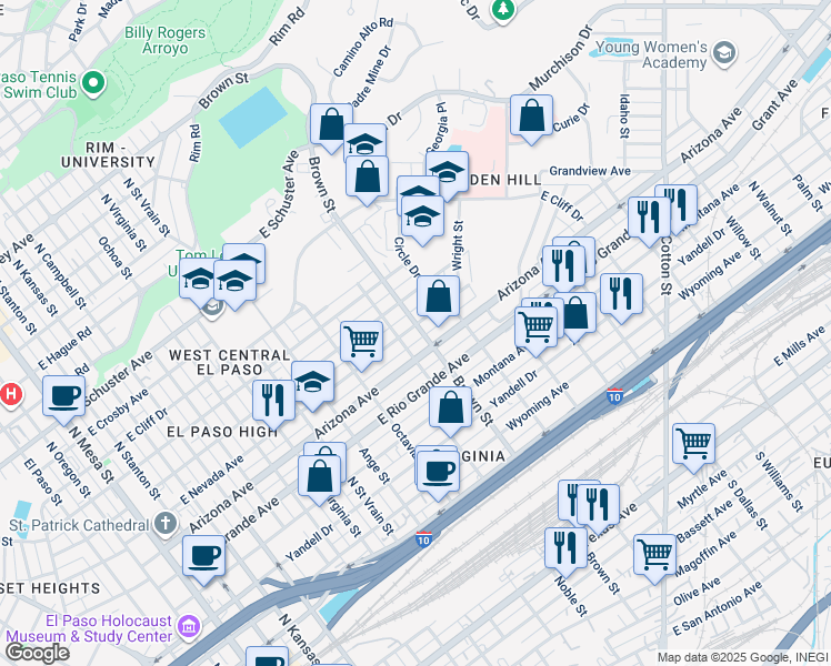 map of restaurants, bars, coffee shops, grocery stores, and more near 1207 Brown Street in El Paso