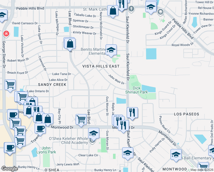 map of restaurants, bars, coffee shops, grocery stores, and more near 11640 Rufus Brijalba Drive in El Paso