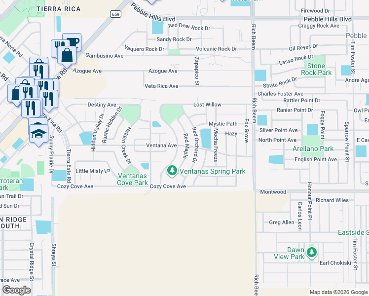 map of restaurants, bars, coffee shops, grocery stores, and more near 3159 Red Orchard Drive in El Paso