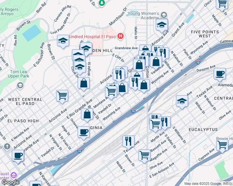 map of restaurants, bars, coffee shops, grocery stores, and more near 1601 Montana Avenue in El Paso