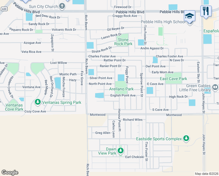 map of restaurants, bars, coffee shops, grocery stores, and more near 14226 North Point Avenue in El Paso
