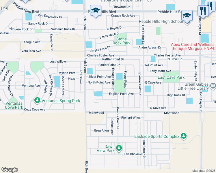 map of restaurants, bars, coffee shops, grocery stores, and more near 14227 Bluesky Point Court in El Paso