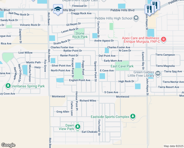 map of restaurants, bars, coffee shops, grocery stores, and more near 14275 Bluesky Point Court in El Paso