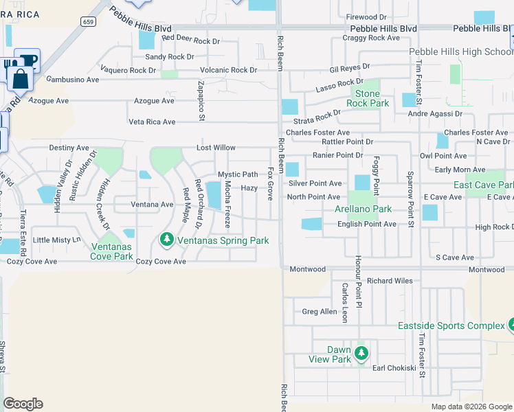 map of restaurants, bars, coffee shops, grocery stores, and more near 3159 Fox Grove in El Paso