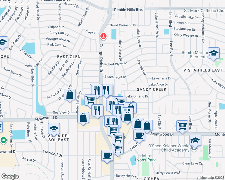 map of restaurants, bars, coffee shops, grocery stores, and more near 2117 Lake Omega Street in El Paso