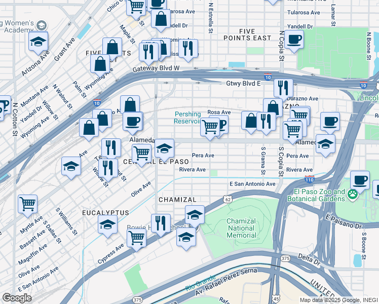 map of restaurants, bars, coffee shops, grocery stores, and more near 3110 Alameda Avenue in El Paso