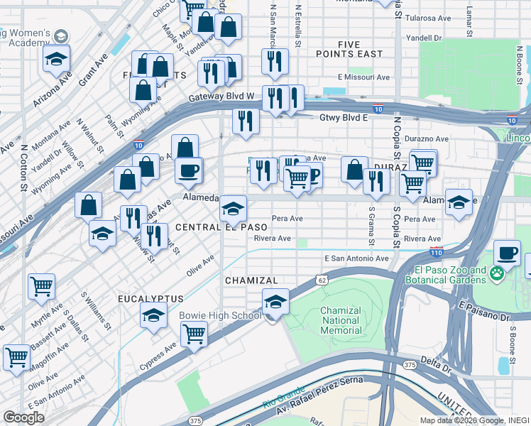 map of restaurants, bars, coffee shops, grocery stores, and more near 3008 Magoffin Avenue in El Paso