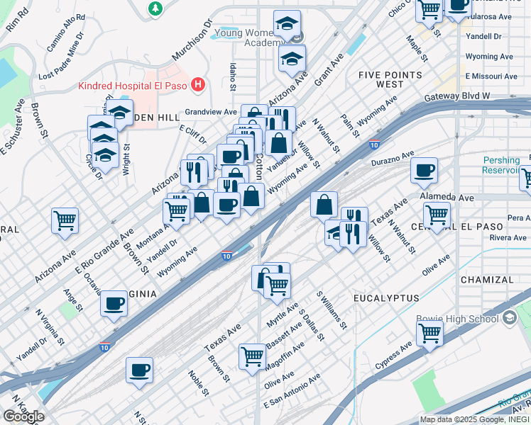 map of restaurants, bars, coffee shops, grocery stores, and more near 600 North Cotton Street in El Paso