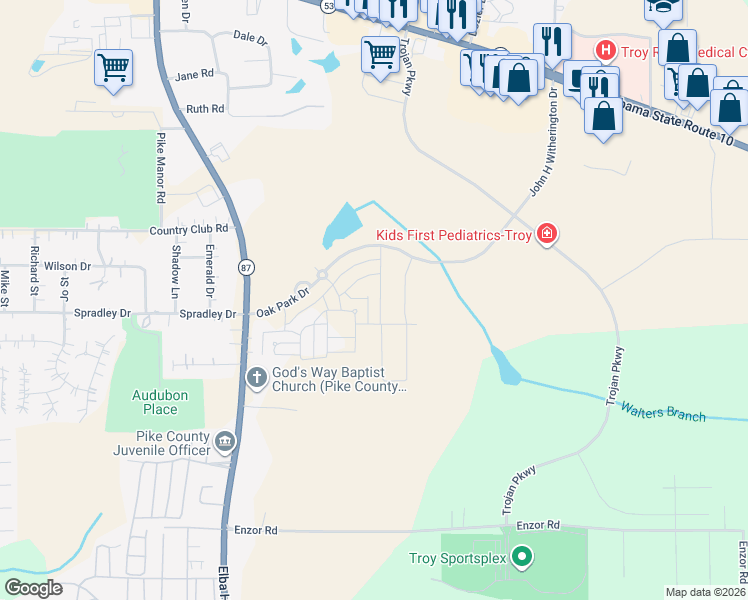 map of restaurants, bars, coffee shops, grocery stores, and more near 213 Oak Park Drive in Troy