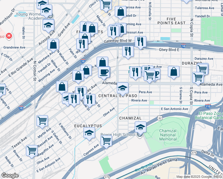 map of restaurants, bars, coffee shops, grocery stores, and more near 2331 A Bassett Avenue in El Paso