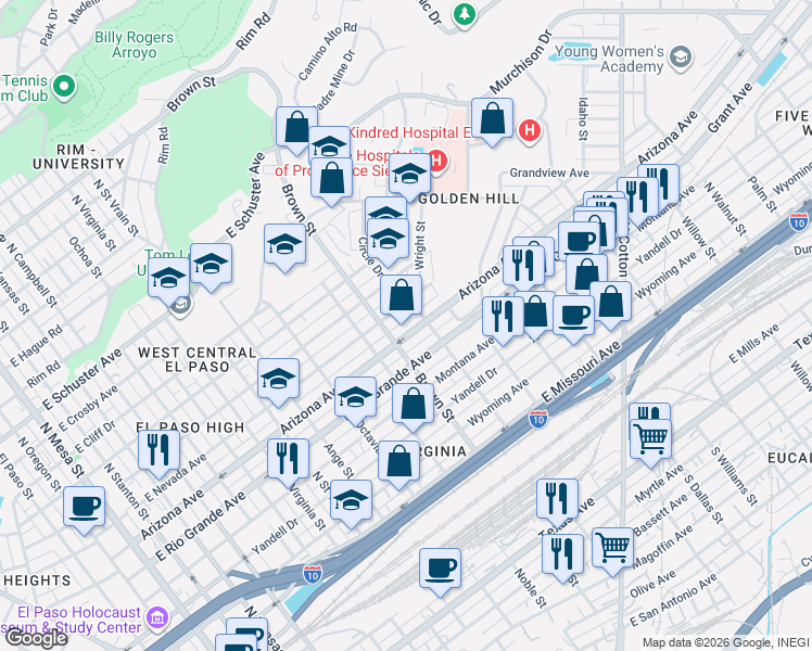map of restaurants, bars, coffee shops, grocery stores, and more near 1318 East Nevada Avenue in El Paso