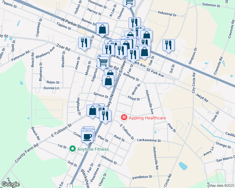 map of restaurants, bars, coffee shops, grocery stores, and more near 288 Fair Street in Baxley
