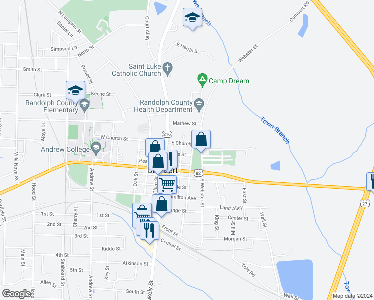 map of restaurants, bars, coffee shops, grocery stores, and more near 68 East Church Street in Cuthbert