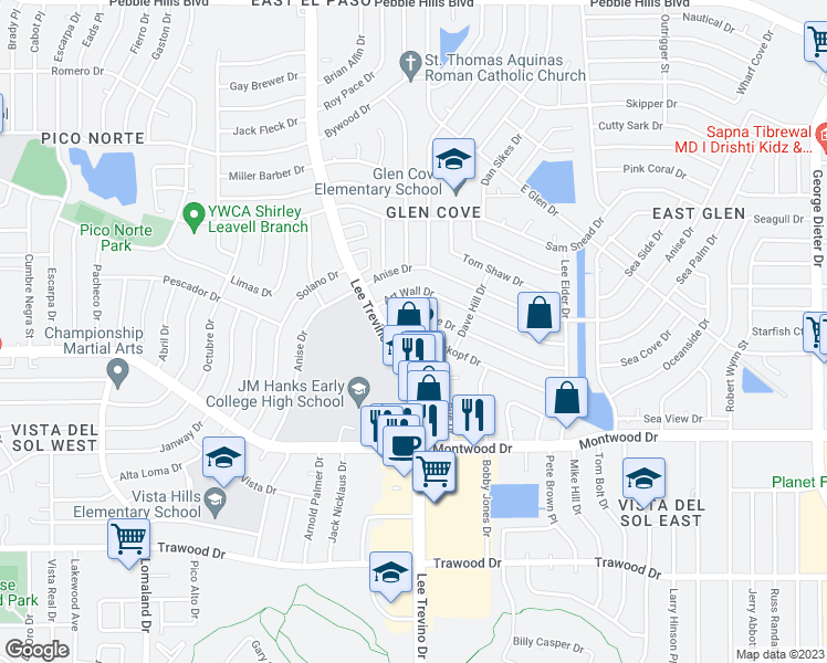 map of restaurants, bars, coffee shops, grocery stores, and more near 10909 Tom Weiskopf Drive in El Paso