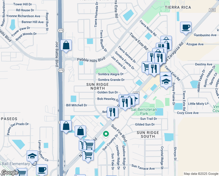 map of restaurants, bars, coffee shops, grocery stores, and more near 12376 Red Sun Drive in El Paso
