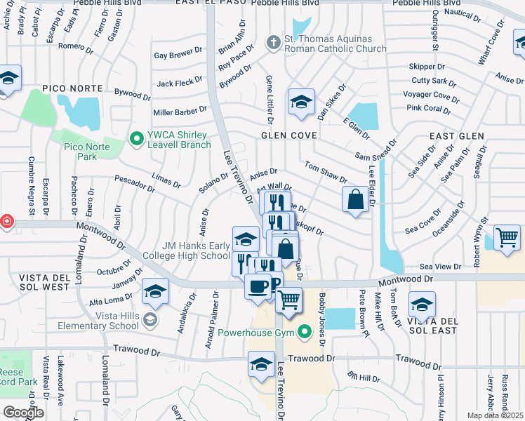 map of restaurants, bars, coffee shops, grocery stores, and more near 10900 Bob Stone Drive in El Paso