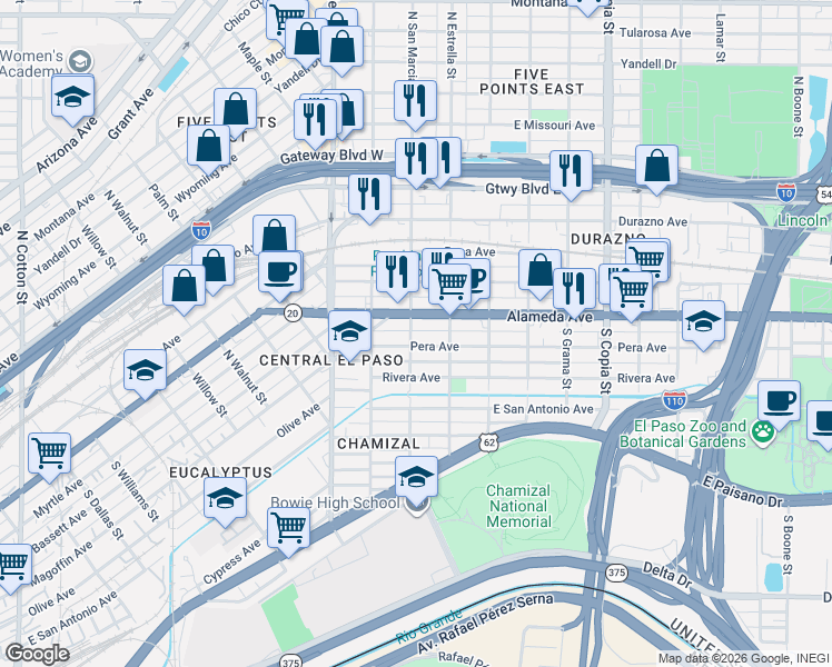 map of restaurants, bars, coffee shops, grocery stores, and more near 3110 Alameda Avenue in El Paso