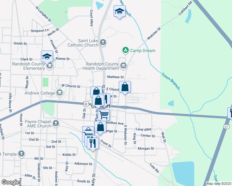 map of restaurants, bars, coffee shops, grocery stores, and more near 68 East Church Street in Cuthbert
