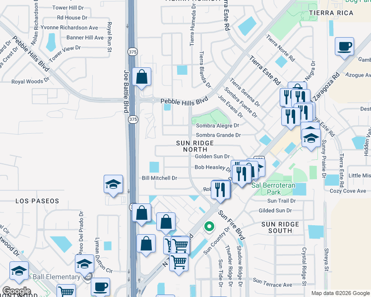 map of restaurants, bars, coffee shops, grocery stores, and more near 12284 Red Sun Drive in El Paso