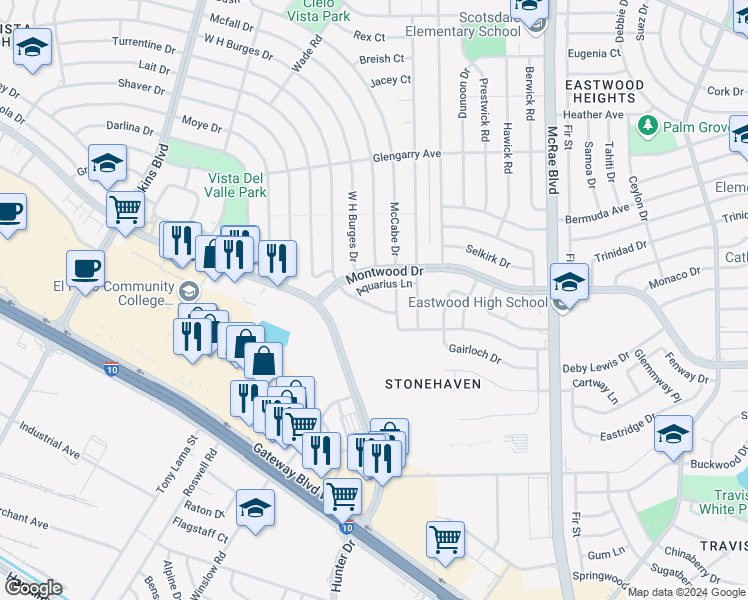 map of restaurants, bars, coffee shops, grocery stores, and more near 9421 Turrentine Drive in El Paso