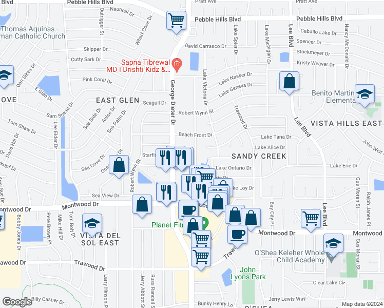 map of restaurants, bars, coffee shops, grocery stores, and more near 2113 Lake Omega Street in El Paso
