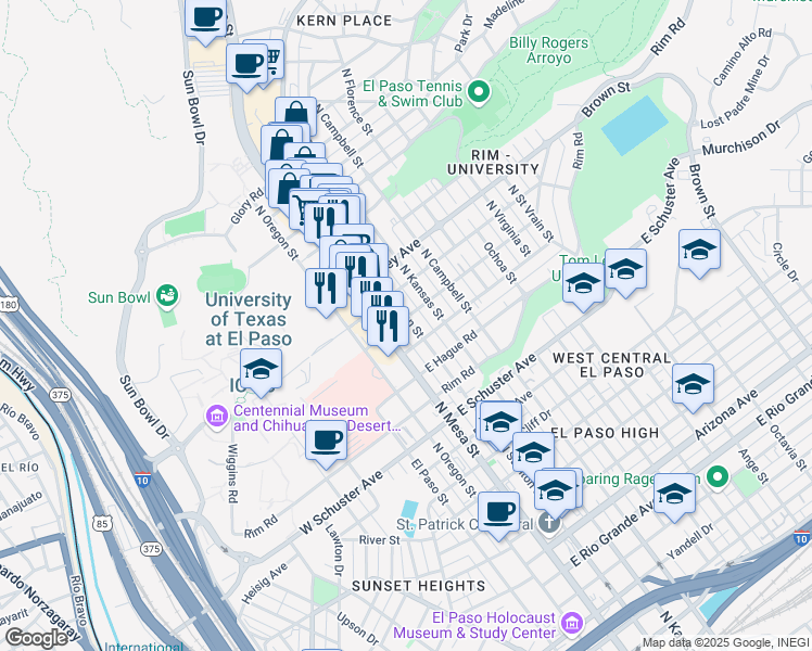 map of restaurants, bars, coffee shops, grocery stores, and more near 2021 North Stanton Street in El Paso