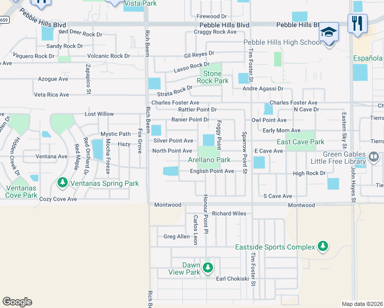 map of restaurants, bars, coffee shops, grocery stores, and more near 14226 North Point Avenue in El Paso