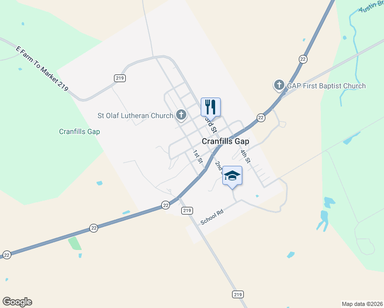 map of restaurants, bars, coffee shops, grocery stores, and more near 206 1st Street in Cranfills Gap