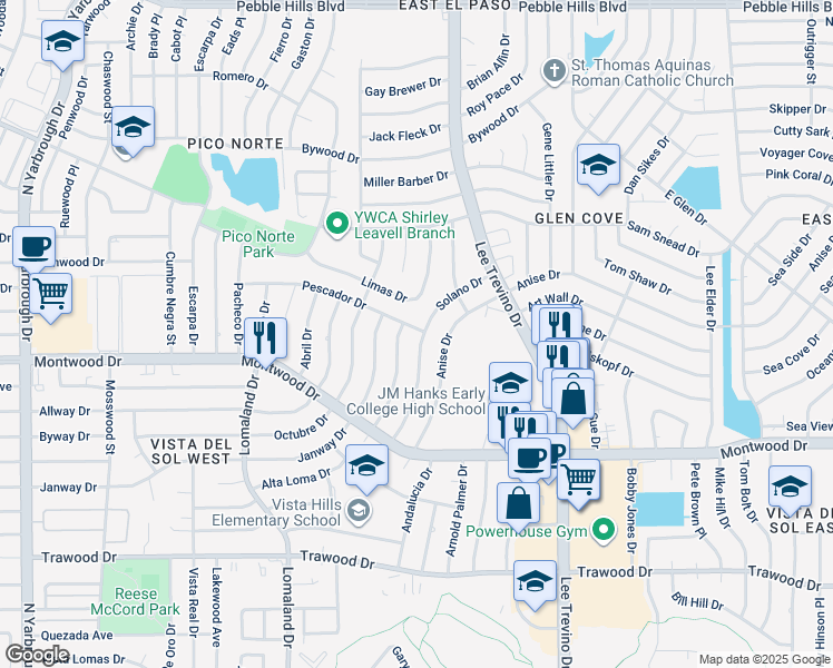 map of restaurants, bars, coffee shops, grocery stores, and more near 2125 Solano Drive in El Paso