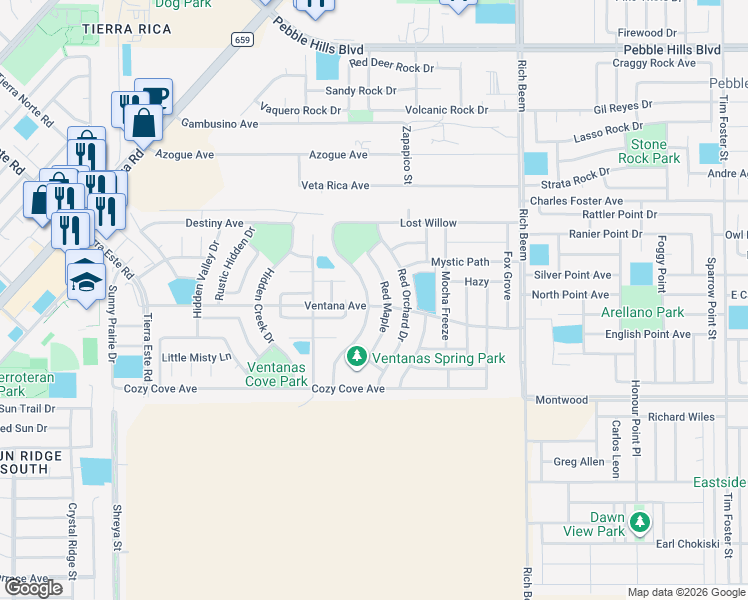 map of restaurants, bars, coffee shops, grocery stores, and more near 3151 Spring Willow in El Paso