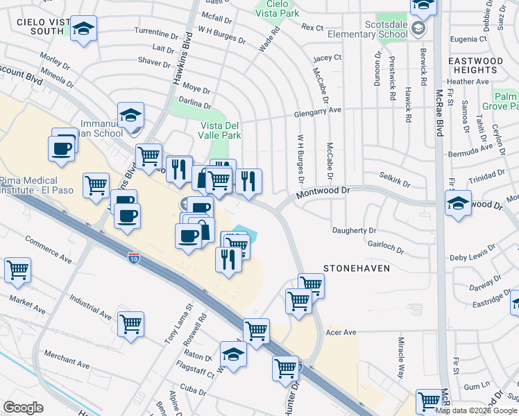 map of restaurants, bars, coffee shops, grocery stores, and more near in El Paso