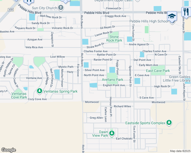 map of restaurants, bars, coffee shops, grocery stores, and more near 14206 North Point Avenue in El Paso