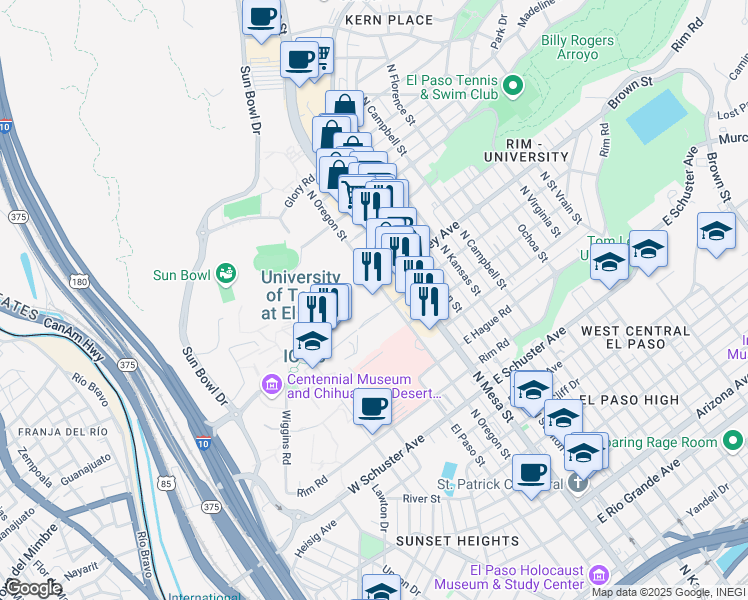 map of restaurants, bars, coffee shops, grocery stores, and more near 111 West University Avenue in El Paso