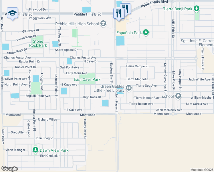 map of restaurants, bars, coffee shops, grocery stores, and more near 2344 Sun Seeker in El Paso