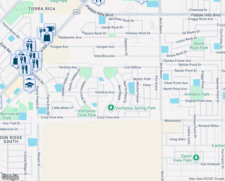 map of restaurants, bars, coffee shops, grocery stores, and more near 3151 Spring Willow in El Paso