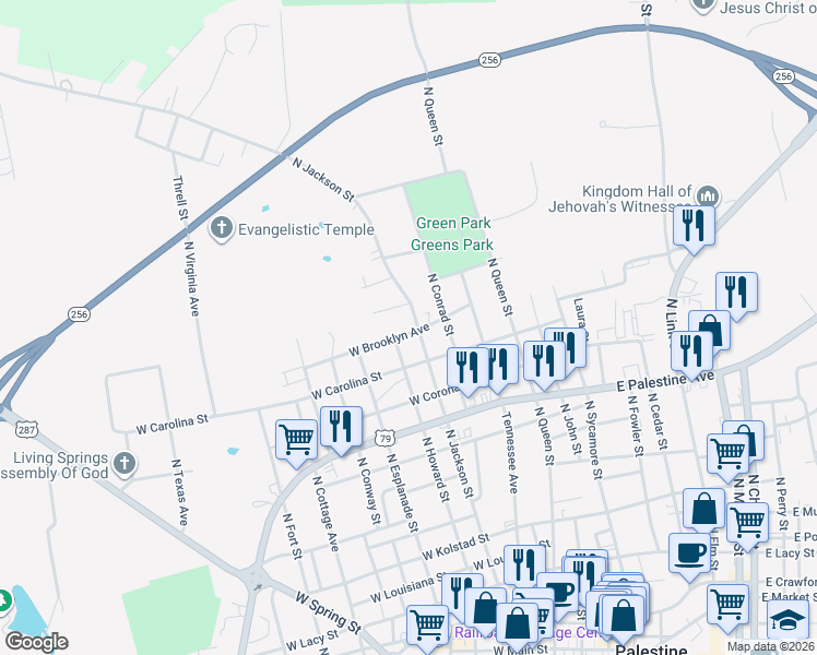 map of restaurants, bars, coffee shops, grocery stores, and more near 1502 North Jackson Street in Palestine