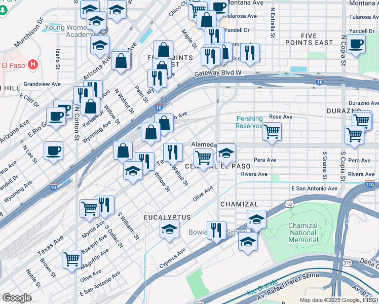 map of restaurants, bars, coffee shops, grocery stores, and more near 2309 Myrtle Avenue in El Paso